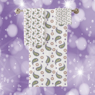 Conjunto De Toalhas Paisley Flowers Dots Green Purple Pink