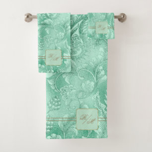 Conjunto De Toalhas Paisley Garden FloraMonogramas Mint Green/Dourado