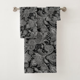 Conjunto De Toalhas Paisley Ornamentado preto-e-branco