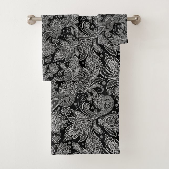 Conjunto De Toalhas Paisley Ornamentado preto-e-branco (Insitu)