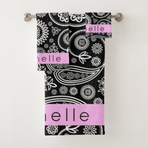 Conjunto De Toalhas Paisley Pattern, Preto e Branco, Seu Nome