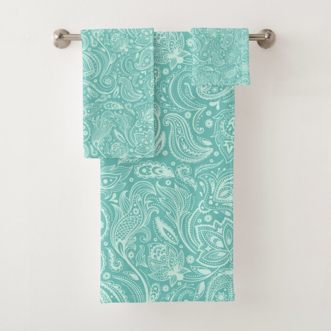 Conjunto De Toalhas Paisley verde-claro sobre fundo turquesa (Insitu)