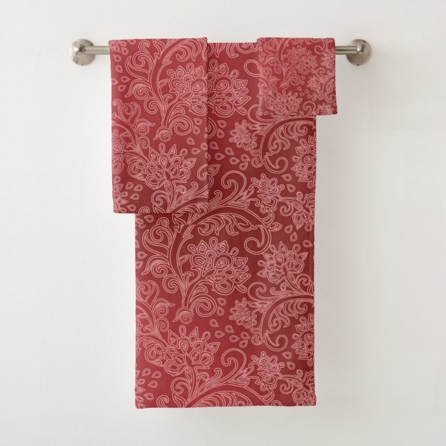Conjunto De Toalhas Paisley Vermelho Damasco Designer Floral Vintage C (Insitu)