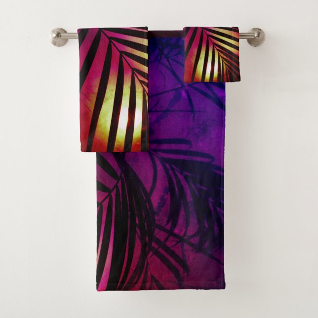 Conjunto De Toalhas Palma deixa sol, moderno ouro roxo tropical (Insitu)