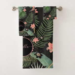 Conjunto De Toalhas Palma Tropical Torna-se Rosa Monograma Floral Pret