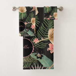 Conjunto De Toalhas Palma Verde Tropical Deixa Monograma Floral Preto