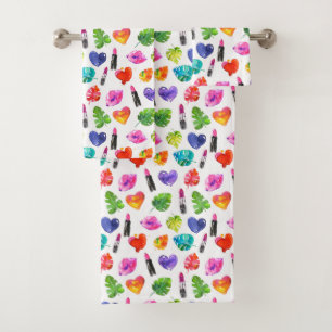 Conjunto De Toalhas Palmeira aquarela arco-íris deixa batom de beijo