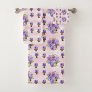 Conjunto De Toalhas Pansy Flower Aqua Stripe art floral Girls Name
