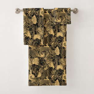 Conjunto De Toalhas Pantera Exótica / Preto-Leopardo e Dourado