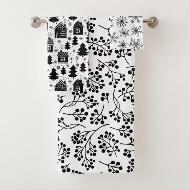 Conjunto De Toalhas Pão de Gengibre com Bagas Flocos de Neve Preto e B (Insitu)
