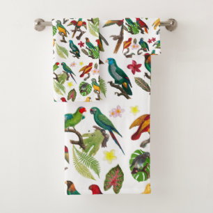 Conjunto De Toalhas Papagaios Tropicais Coloridos, Folhas e Flores