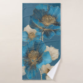 Conjunto De Toalhas Papoula Botânica Azul Arte Floral em Linha Dourada