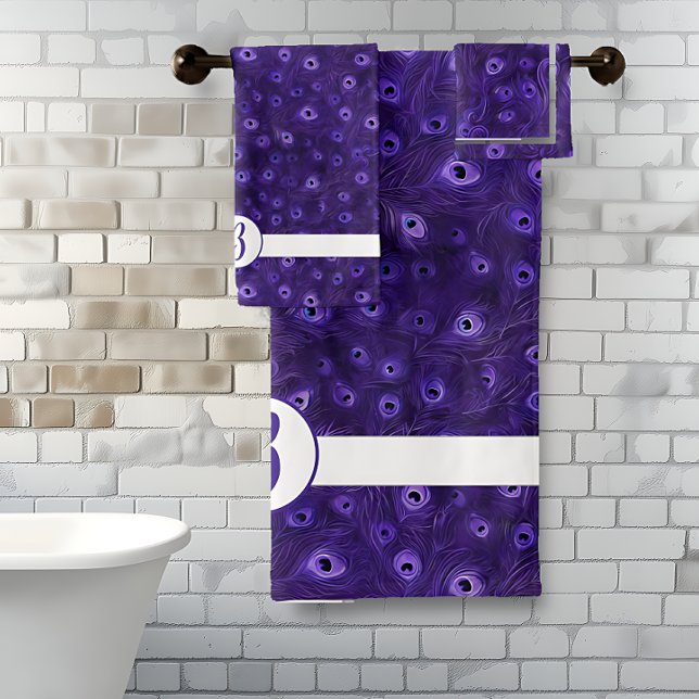 Conjunto De Toalhas Paraíso de Peacock Roxo (Purple Peacock Feather Monogram bath towel set.)