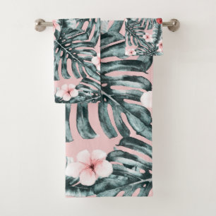 Conjunto De Toalhas Paraíso Rosa Floral Botânico Ilha Tropical