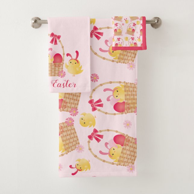 Conjunto De Toalhas Páscoa Pintinhos - Padrão rosa (Insitu)