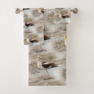 Conjunto De Toalhas Pássaro Ataque Americano Avocet Wading na Praia