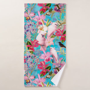 Conjunto De Toalhas Pássaro Tropical Cor-De-Rosa E Padrões De Flor Orq