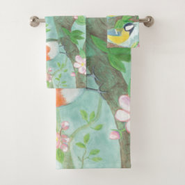 Conjunto De Toalhas Pássaros cantando em um galho de árvore florescent