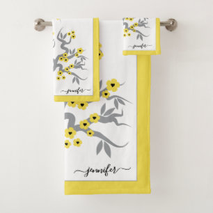 Conjunto De Toalhas Pássaros de amor amarelo cinza cerejeira flor fro