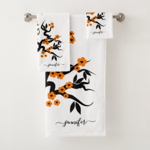 Conjunto De Toalhas Pássaros de amor laranja e preto cerejeira, flores