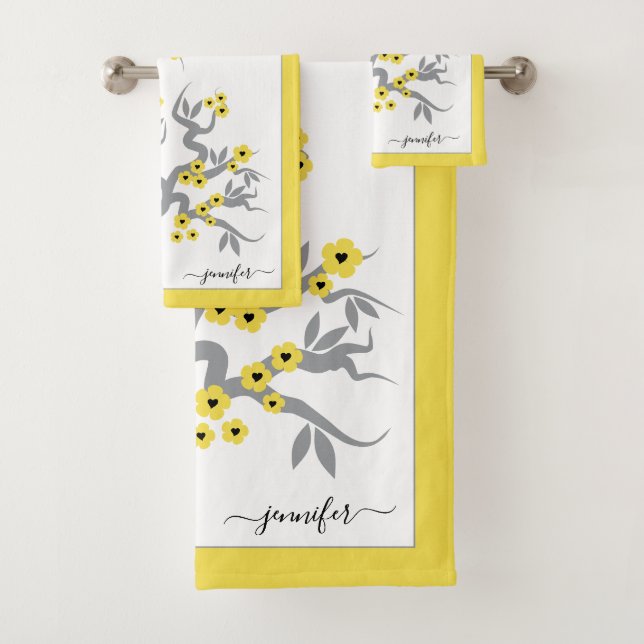 Conjunto De Toalhas Pássaros do amor amarelo cinza cerejeira floresce  (Insitu)