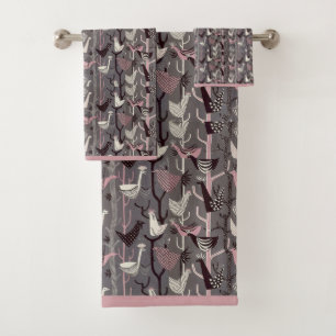 Conjunto De Toalhas Pássaros Galinhas Patos Rosa Preto Cinza Branco