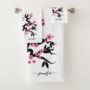 Conjunto De Toalhas Pássaros pretos cor-de-rosa sakura cerejeira, flo