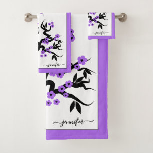 Conjunto De Toalhas Pássaros roxos, cerejeira, floricultura e fronteir