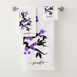 Conjunto De Toalhas Pássaros roxos e pretos, cerejeira, flores