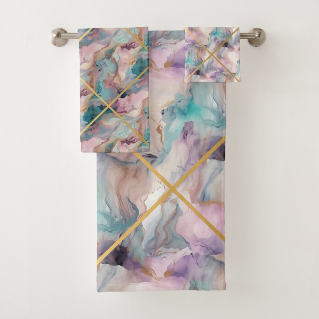 CONJUNTO DE TOALHAS PASTEL MARBLE PURPLE GRID GRID DESIGN TOWEL SET (Insitu)