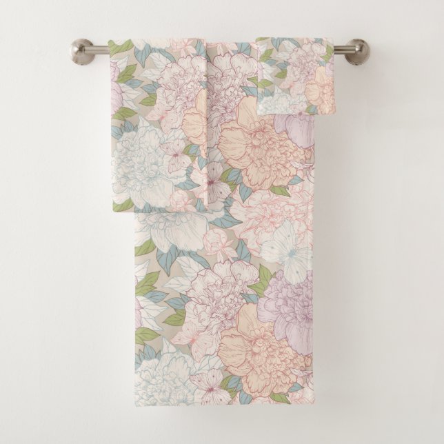 Conjunto De Toalhas Pastel Peony & Butterfly Fllower Pattern (Insitu)