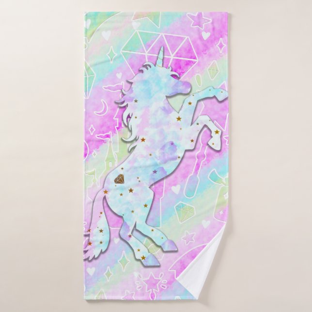 Conjunto De Toalhas Pastel Rainbow Diamantes & Stars Magical Unicorn (Toalha de Banho)