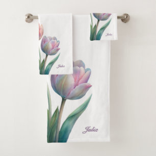Conjunto De Toalhas Pastel romântico e poético Tulipas Aquarela