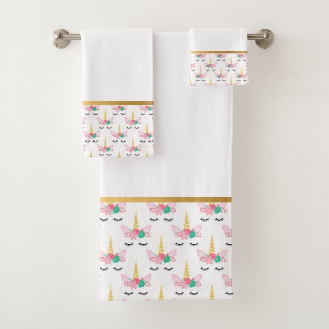 CONJUNTO DE TOALHAS PASTEL WHITE UNICORN DOURADO BANTHROOM TOWEL SET (Insitu)