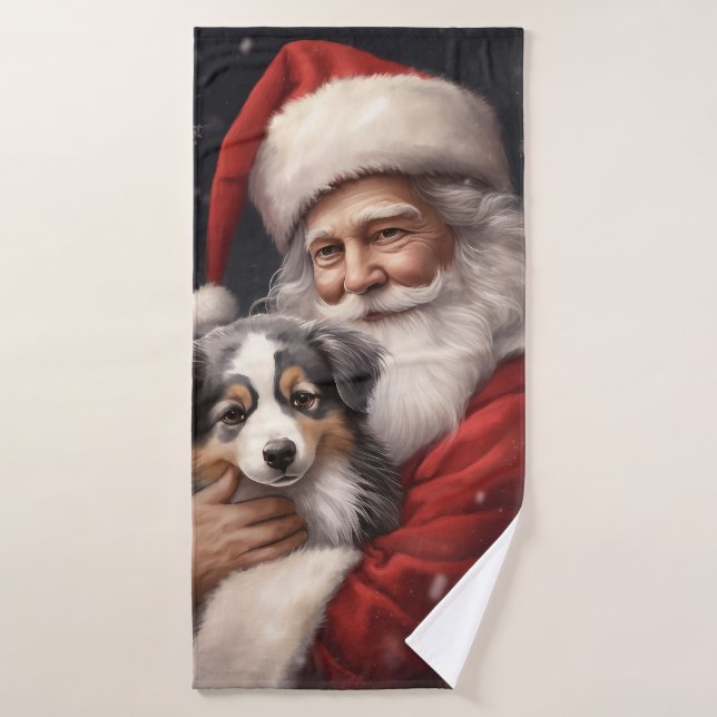 Conjunto De Toalhas Pastor Australiano com Papai Noel Natal (Toalha de Banho)