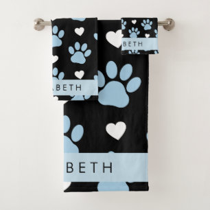 Conjunto De Toalhas Patas-Cães, Patas Azuis, Corações Brancos, Seu Nom