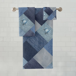 Conjunto De Toalhas Patch de Jeans Denim Azul