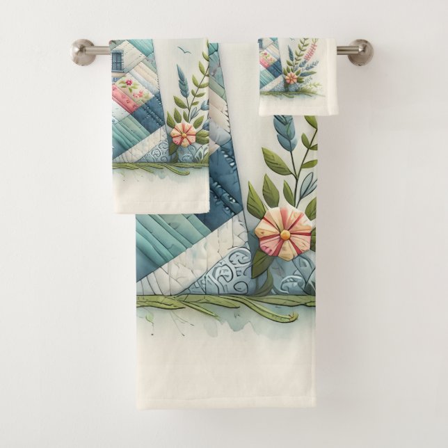 Conjunto De Toalhas Patchwork Lighthouse Coastal Floral Scene (Insitu)