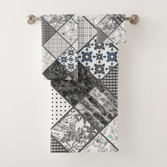 Conjunto De Toalhas Patchwork monochrom preto cinza branca patchwork q (Insitu)