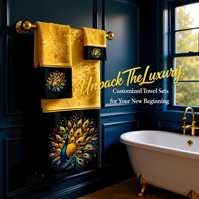 Conjunto De Toalhas Pavão com Plumagem Azul e Amarela (Criador carregado)
