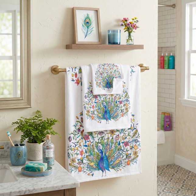 Conjunto De Toalhas Pavão floral aquarela (Criador carregado)