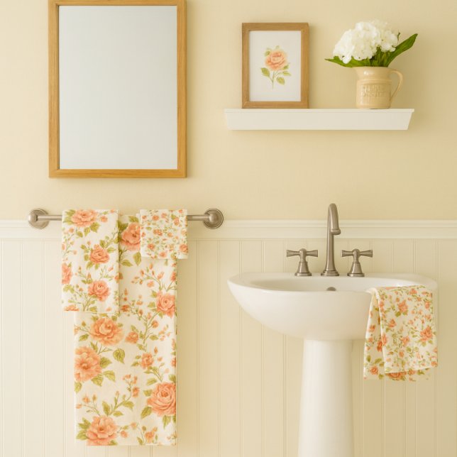 Conjunto De Toalhas Peach Blush  Rose Floral   (Peach blush rose towel set mockup.)