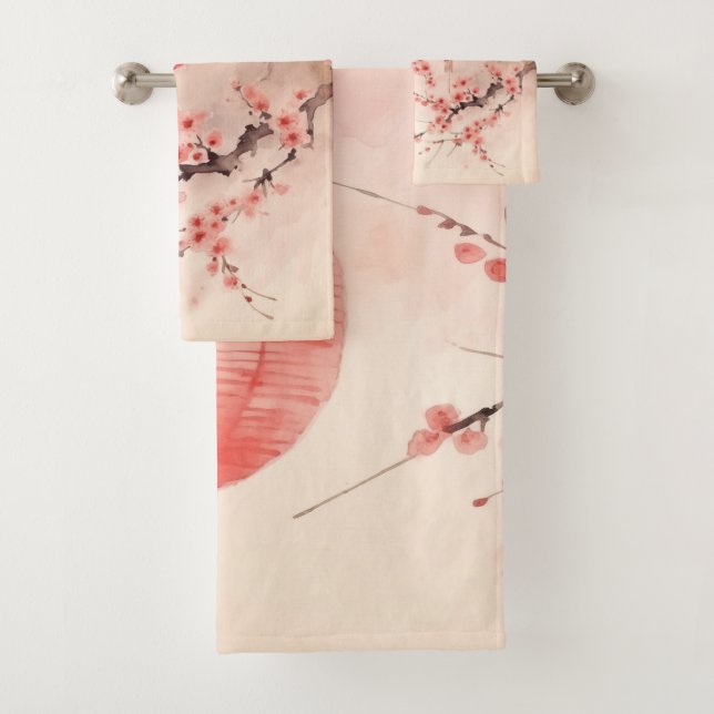Conjunto De Toalhas Peach Japonês Lanternas Sakura Blossomas (Insitu)