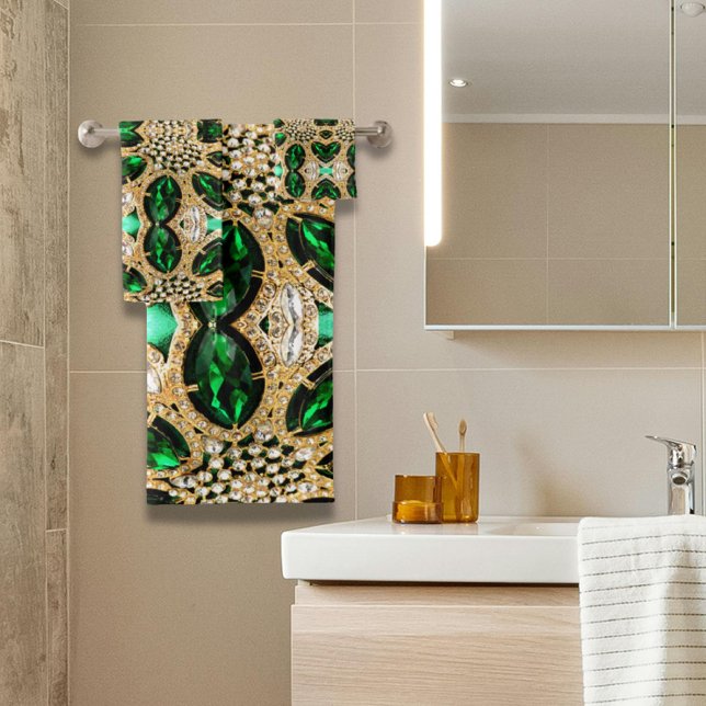 Conjunto De Toalhas pedra verde esmeralda de ouro e luxo (girly chic fashion art deco gold emerald green bath towel set)