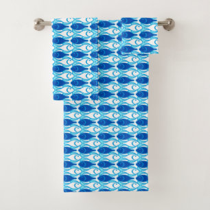 Conjunto De Toalhas Peixe Moderno do Século Médio, Azul Cobalt e Bra