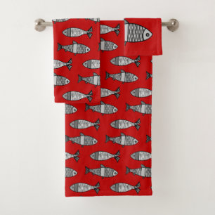 Conjunto De Toalhas Peixe Moderno Retroativo, Vermelho Profundo e Cinz