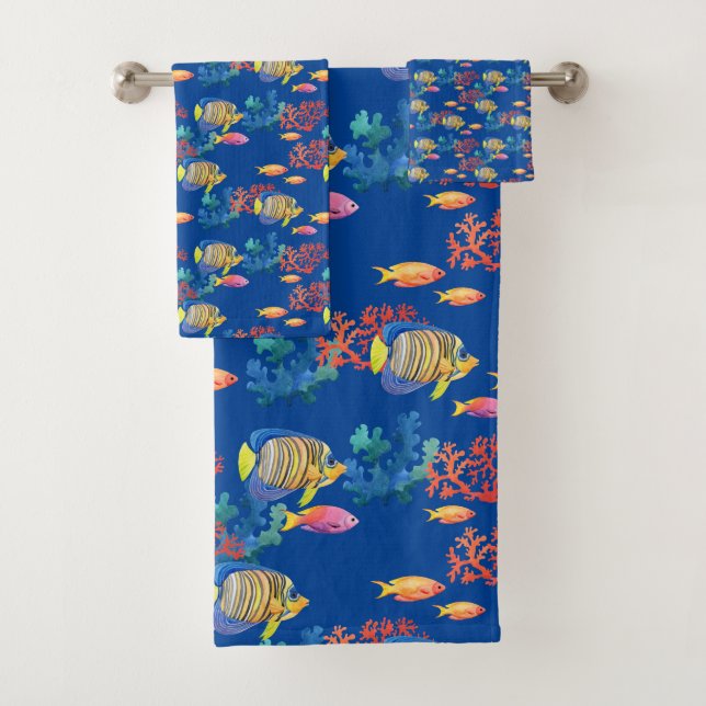 Conjunto De Toalhas Peixe tropical e coral em azul (Insitu)
