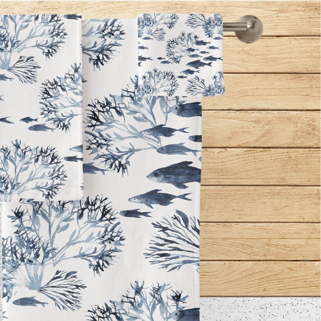 Conjunto De Toalhas Peixes Náuticos Azuis e Padrões de Coral (Criador carregado)