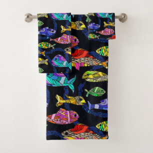 Conjunto De Toalhas Peixes tropicais brilhantemente coloridos do