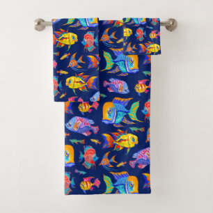Conjunto De Toalhas Peixes tropicais divertidos em azul escuro